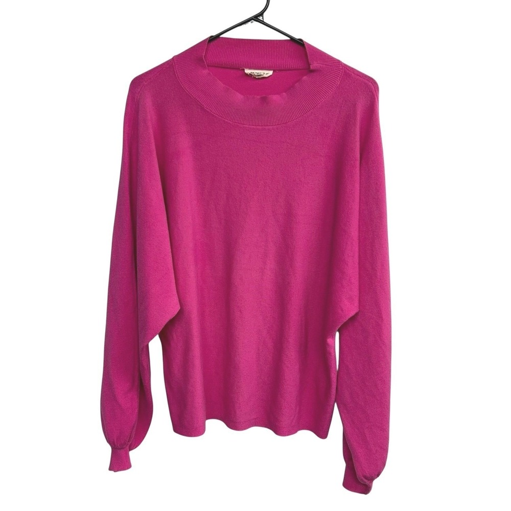Hot Pink Balloon Sleeve Sweater S/M Ribbed Collar Bold Feminine Statement‎